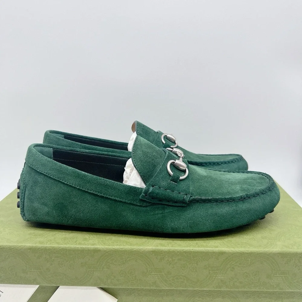 Gucci Men's Driver Loafers Moccasin GG Horsebit Vintage Green Suede UK 9 US 9.5